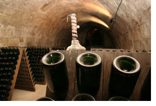 champagne bottles stored in cellar upside down