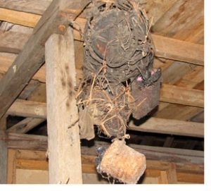 human heads hang from ceiling