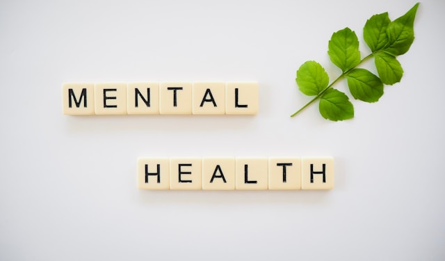 Words Mental Health in scrabble letters and a green leaf