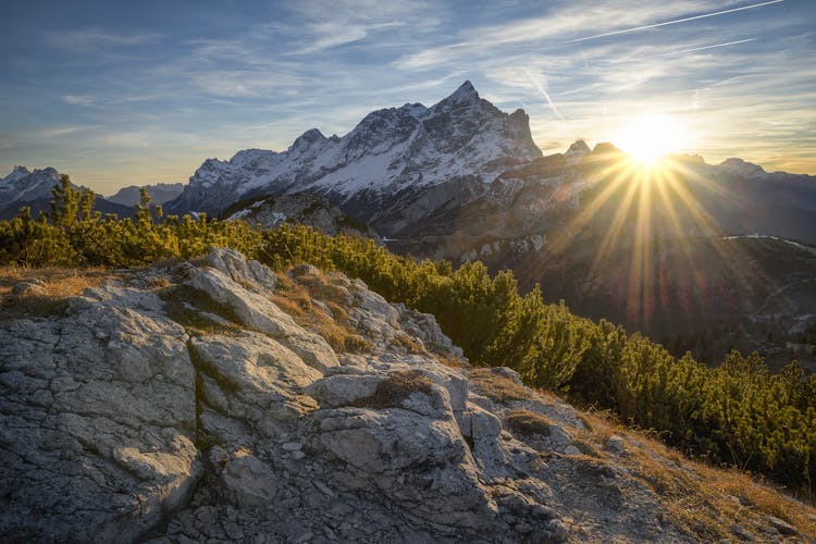 Snow-covered mountains during the sunrise in Veneto, Italy.